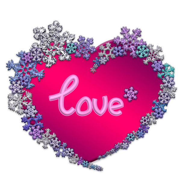 Beautiful pink heart with lettering made of snowflakes - Foto, Bild