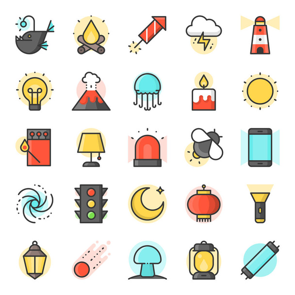 Fényforrás a természetes és a napi élet ikon, mint például a közlekedési lámpa, lámpa ramadan, galaxy, horgász hal, fénycső, firefly, tele vázlat - Vektor, kép