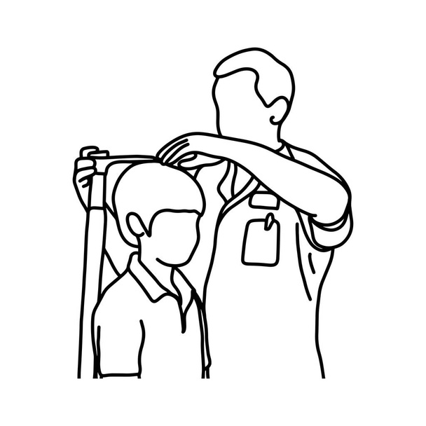 doctor masculino midiendo la altura actual de su joven paciente masculino con ilustración vectorial de equipo bosquejo dibujado a mano con líneas negras, aislado sobre fondo blanco
 - Vector, imagen