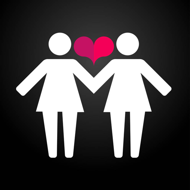 Piktogramme lesbischer Frauen, die Hände auf einem Hintergrund und Herzen halten.  - Vektor, Bild