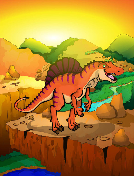 Cute cartoon spinosaur with landscape background. Vector illustration of a cartoon dinosaur. - Vector, Image