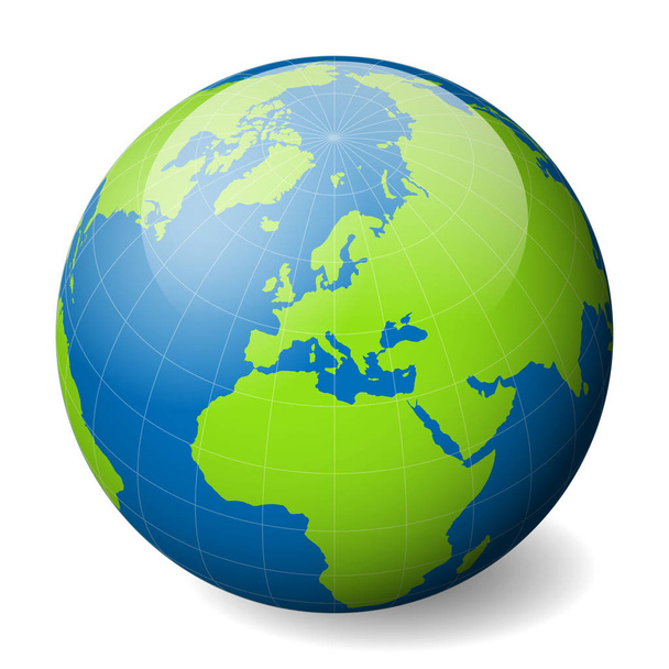 Earth globe with green world map and blue seas and oceans focused on Europe. With thin white meridians and parallels. 3D glossy sphere vector illustration - Vettoriali, immagini
