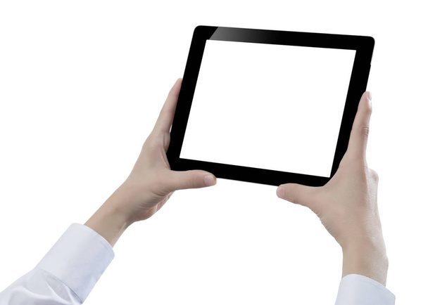 Рука держать цифровой планшет, вырезать на белом фоне
 - Фото, изображение