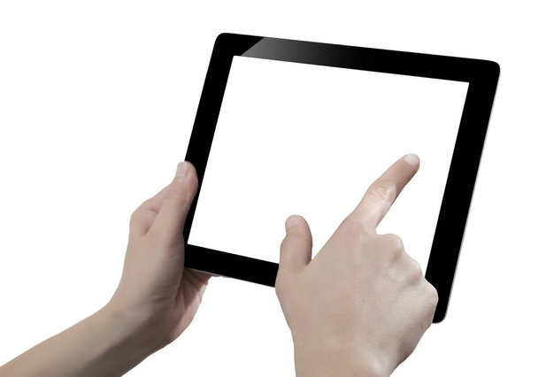 Kädessä pidettävä digitaalinen tabletti, valkoisella pohjalla leikattu
 - Valokuva, kuva