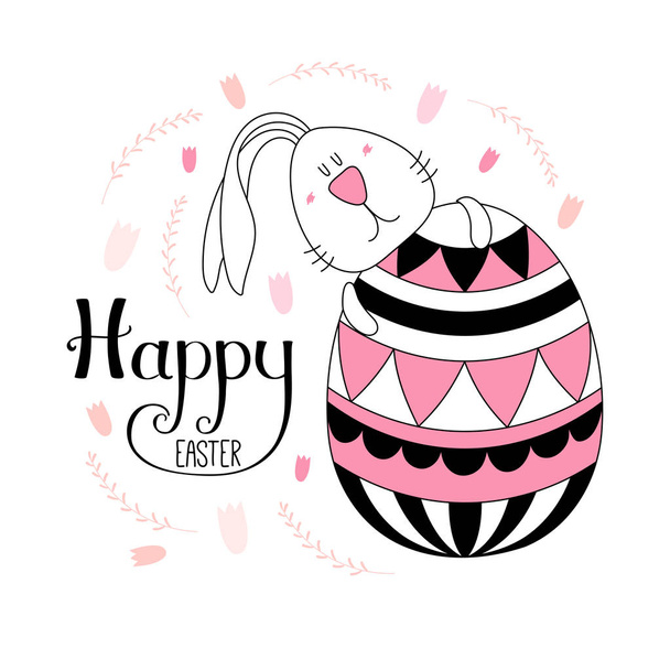 поздравительная открытка с нарисованным вручную милым мультяшным кроликом, обнимающим яйцо и надписью "Счастливая Пасха", вектор, иллюстрация
 - Вектор,изображение