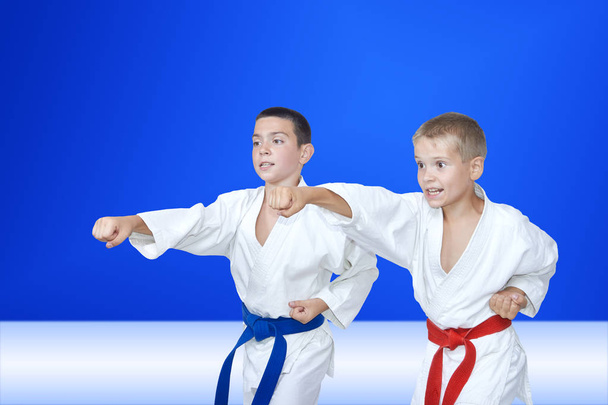 On the light-blue background the athletes are training punch arm - Photo, Image