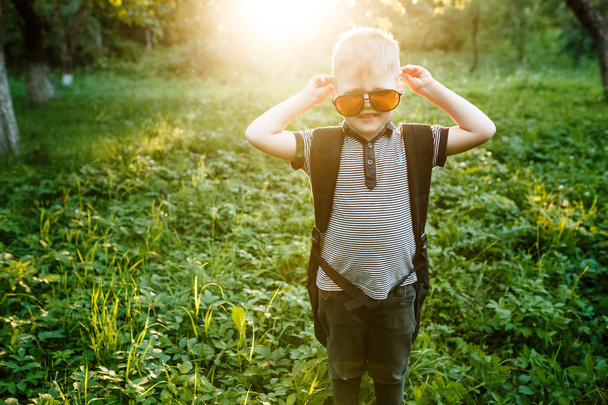 fashion little Boy in sunglasses at summer time  - Fotoğraf, Görsel