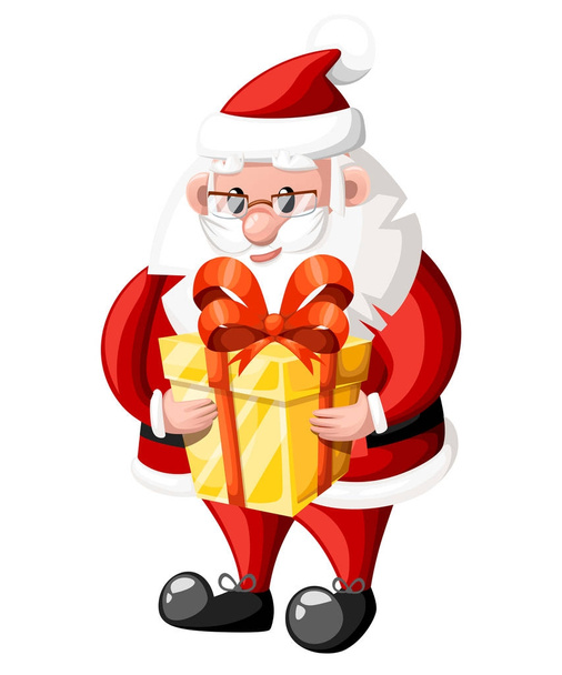 Santa Claus houd gouden geschenkdoos met rode boog vectorillustratie geïsoleerd op een witte achtergrond websitepagina en mobiele app design. - Vector, afbeelding