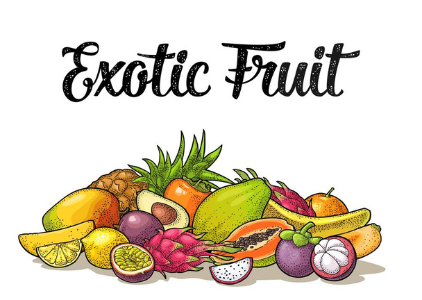 Set exotic fruits with calligraphic lettering. Vector vintage color engraving - Vektör, Görsel