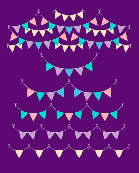  Multicolored pastel buntings garlands isolated on violet background. Vector set in flat style. Design elements for decoration of greetings cards, invitations, posters, banners - Vector, Image