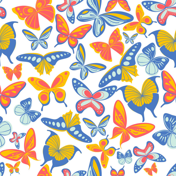 Seamless pattern of flying butterflies blue yellow and orange colors vector illustration on white background website page and mobile app design. - Vector, Imagen