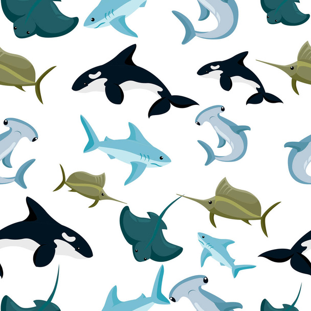 Seamless pattern of hammerhead and blue shark sphyrna manta orca vector illustration on white background website page and mobile app design. - Вектор, зображення