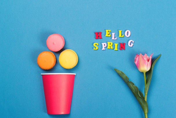 Барвисті макаруни, рожевий тюльпан, привіт весна на синьому фоні. Мінімальна концепція. Плоске компонування
. - Фото, зображення