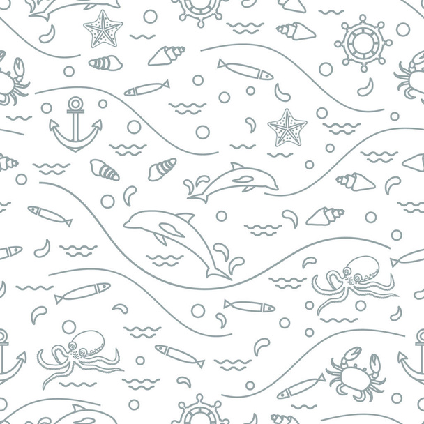 Cute seamless pattern with dolphins, octopus, fish, anchor, helm - Vektori, kuva