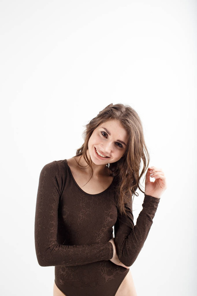 Beauty young girl model with underwear black bra in bedroom - Fotoğraf, Görsel