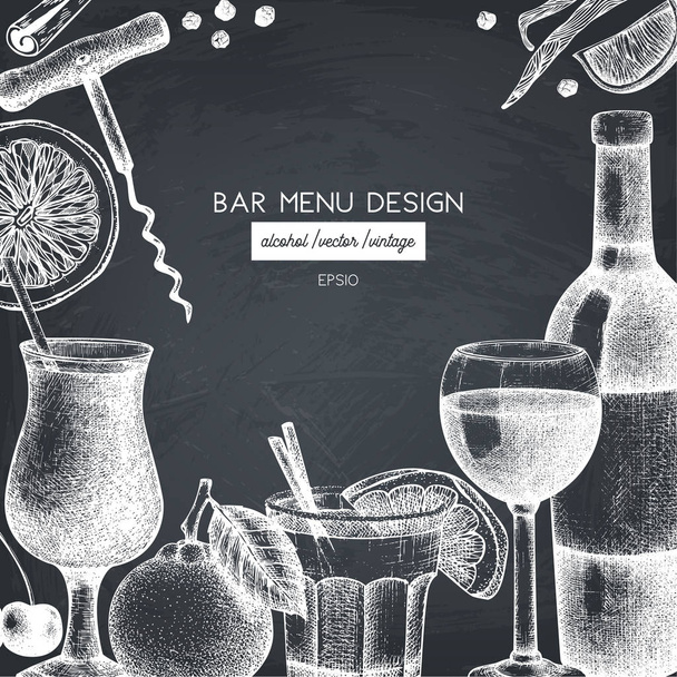 手でベクター デザインには、飲み物の図が描かれています。ビンテージの飲料は、背景をスケッチします。黒板に分離されたレトロなテンプレートです。レストランやカフェのメニュー テンプレート. - ベクター画像