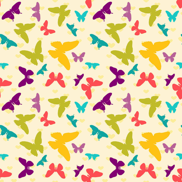 Seamless colorful pattern. Vector background with flat butterflies and hearts. Patterned wallpaper for scrapbooking. Memphis style - Διάνυσμα, εικόνα