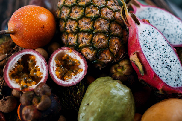 exotic tropical thai fruits on wooden table. - Foto, Imagem