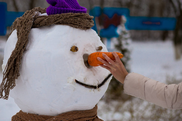 Ženská ruka drží velkou mrkev, nos opravdu velký sněhulák v zimě parku, zimní - Fotografie, Obrázek