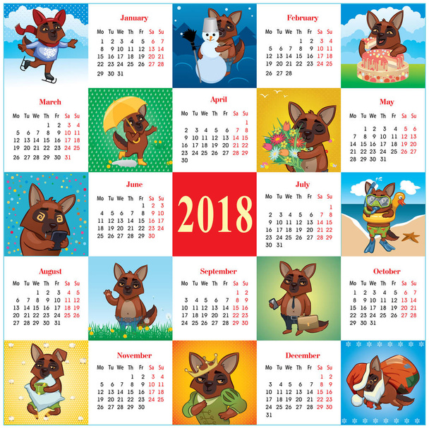 quare calendar 2018 with active dogs. vector illustration - Vector, Image