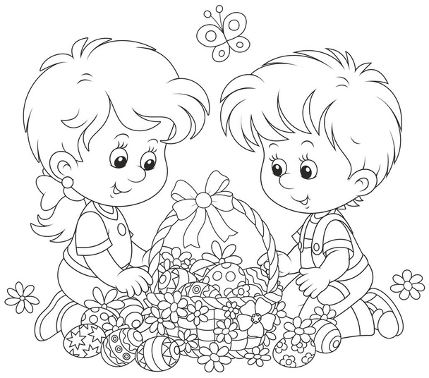 Little children with a decorated Easter basket of painted eggs and flowers, a black and white vector illustration for a coloring book - Vector, Image