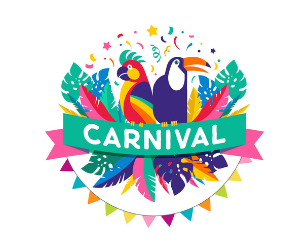 Manifesto del Carnevale brasiliano, banner con elementi di festa colorati maschere, coriandoli, tucano, pappagallo e spruzzi
. - Vettoriali, immagini