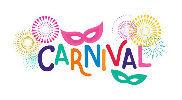 Karnevalsplakat, Banner mit bunten Party-Elementen - Maske, Konfetti, Sterne und Spritzer - Vektor, Bild