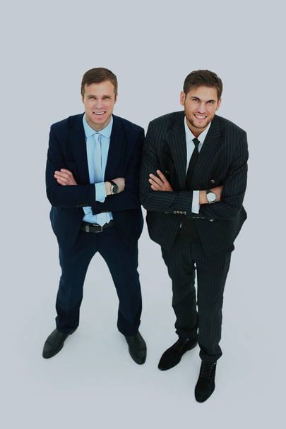 Two happy young businessmen full body, isolated on white. - Fotoğraf, Görsel