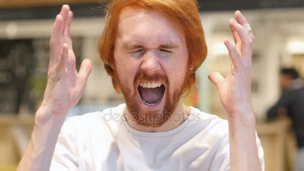 Portrait of Screaming Redhead Beard Man, Shouting in Cafe - Footage, Video