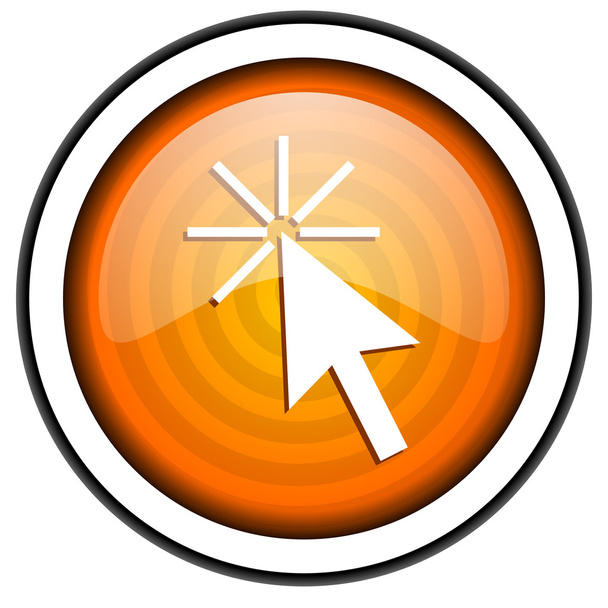 click here orange glossy icon isolated on white background - Foto, Imagem