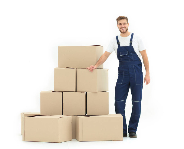 Worker supplies  boxes, isolated, white background. - Foto, Bild
