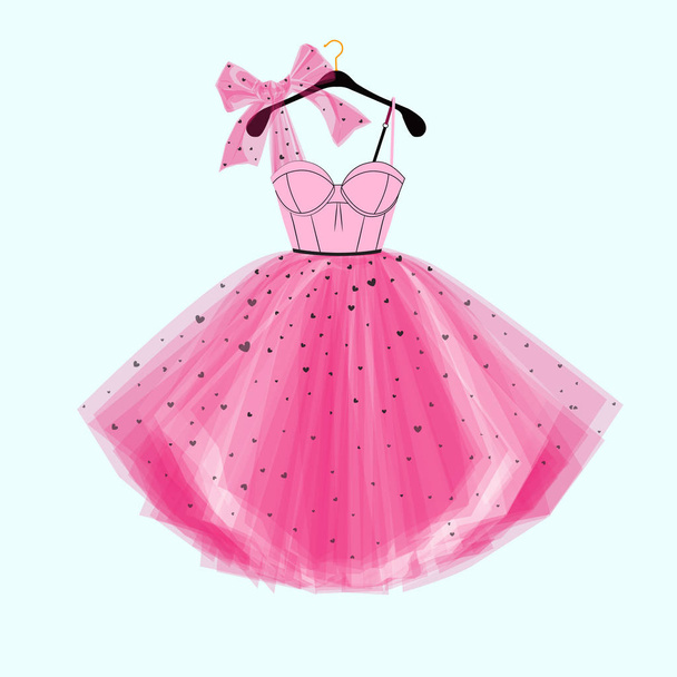 Rosa Party Abschlussball Kleid mit Schleife. Mode-Illustration für Einladungskarte - Vektor, Bild