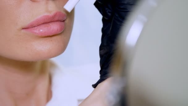clinic, a beauty salon, a large plan of the lips, the doctor shows the patient a lip zone for injection of hyaluronic acid, discuss the procedure of lip augmentation - Кадры, видео