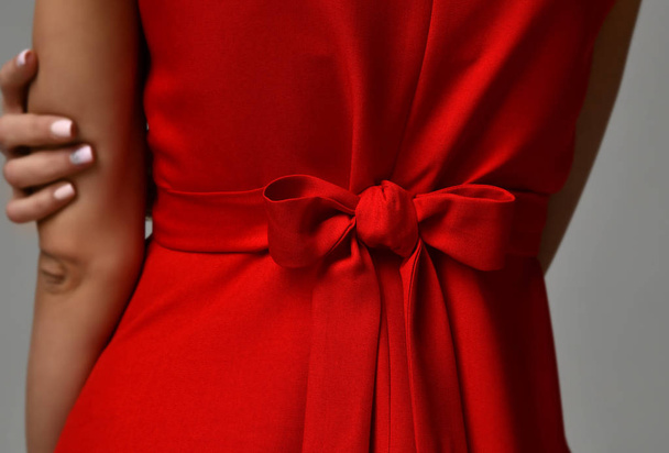 Closeup details of woman red dress bow knot - Foto, imagen