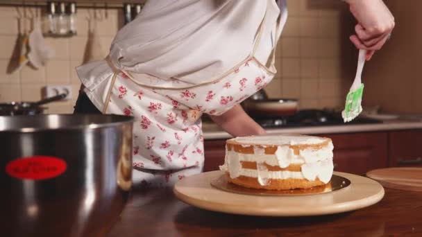κοντινό πλάνο της τα χέρια του σεφ που βάζουμε την κρέμα στο κέικ με τη βοήθεια του σπάτουλες - Πλάνα, βίντεο