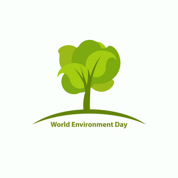 Logo dnia środowiska świata. Zielony kreskówka płaskie drzewo na zakrzywionych linii z tekstem na białym tle. Wektor - Wektor, obraz