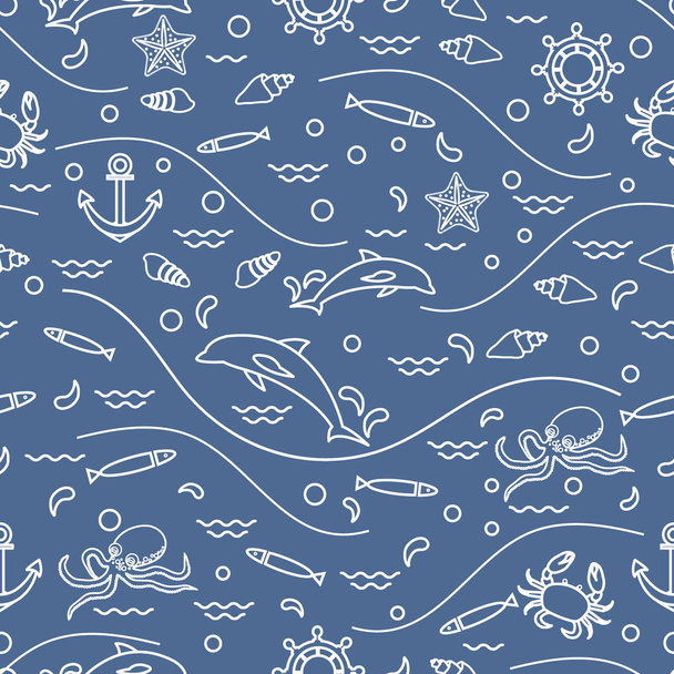 Cute seamless pattern with dolphins, octopus, fish, anchor, helm - Vektori, kuva