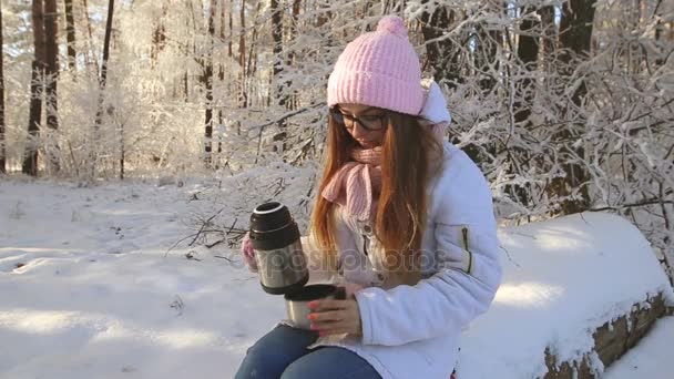hermosa chica en un sombrero rosa y manoplas en un bosque nevado de invierno beber té
 - Metraje, vídeo