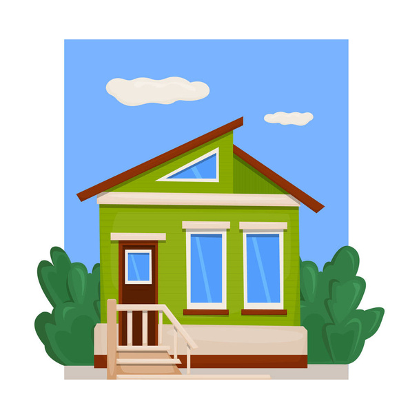 A wooden board house with a green facade and a porch. Vector illustration - Vector, Image