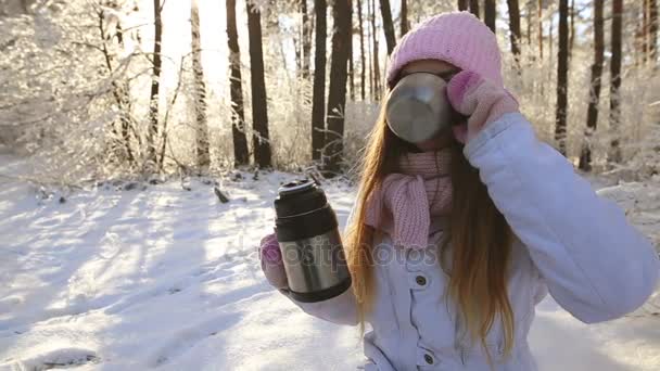 hermosa chica en un sombrero rosa y manoplas en un bosque nevado de invierno beber té
 - Metraje, vídeo