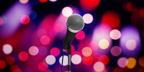 Live music concert concept. Microphone on stand on bokeh background, banner. 3d illustration - Photo, Image