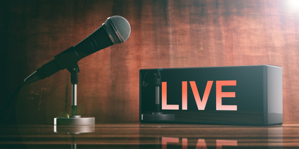 Live auf einer Black Box und einem Mikrofon auf einem Holztisch. 3D-Illustration - Foto, Bild