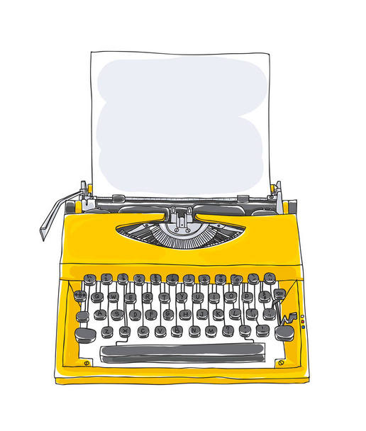Желтая пишущая машинка старая рука нарисованная с бумагой симпатичная иллюстрация искусства
 - Вектор,изображение