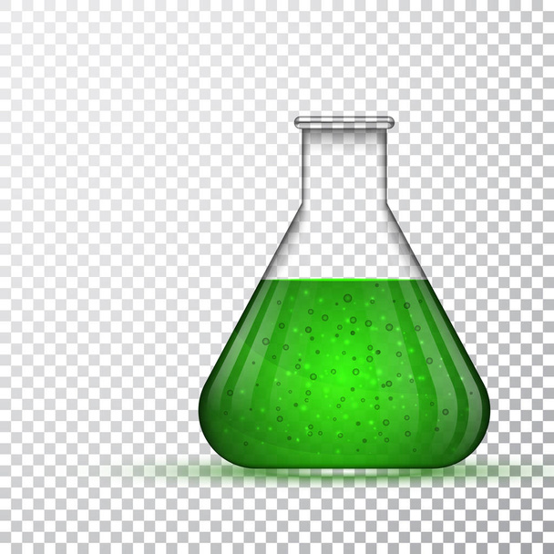 laboratory glassware or beaker. Chemical laboratory transparent flask with green liquid. Vector illustration - Vektör, Görsel