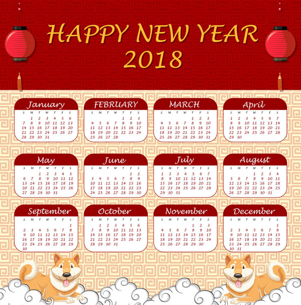 Plantilla de calendario 2018 con tema chino
 - Vector, imagen