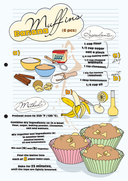 Ricetta muffin alla banana con immagini di ingredienti - retrò, vecto
 - Vettoriali, immagini