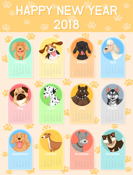 Шаблон календаря со многими собаками за каждый месяц
 - Вектор,изображение