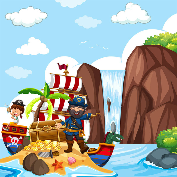 Cena com pirata e baú do tesouro pela cachoeira
 - Vetor, Imagem