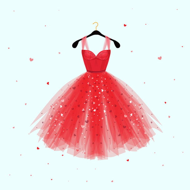 Červené šaty pro Valentine den strany karty. Vektorové módní ilustrace - Vektor, obrázek