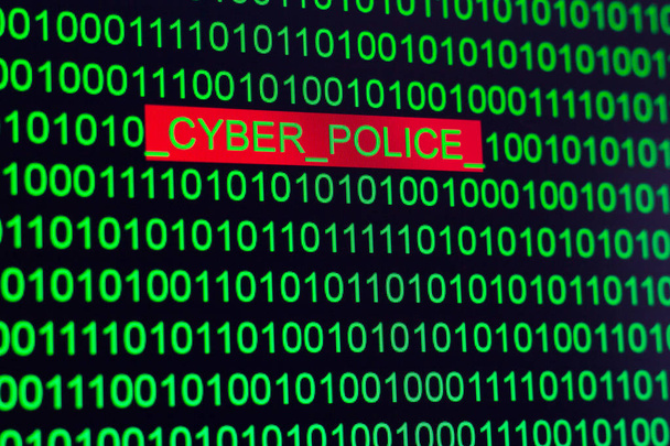 Palavras ciberpolícia em código binário verde em um fundo preto
 - Foto, Imagem